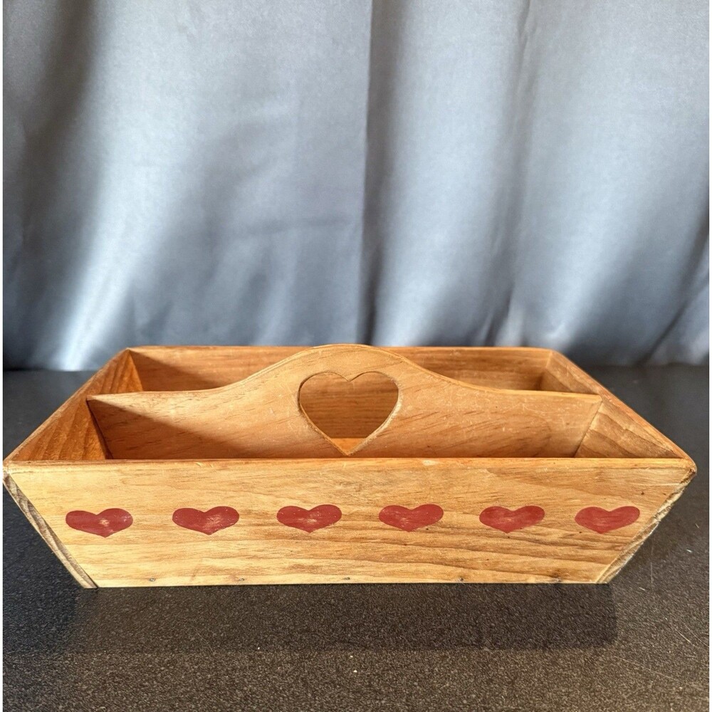 Vintage Wooden Heart Handle Divided Utensil Tray Cutlery Holder Cottagecore